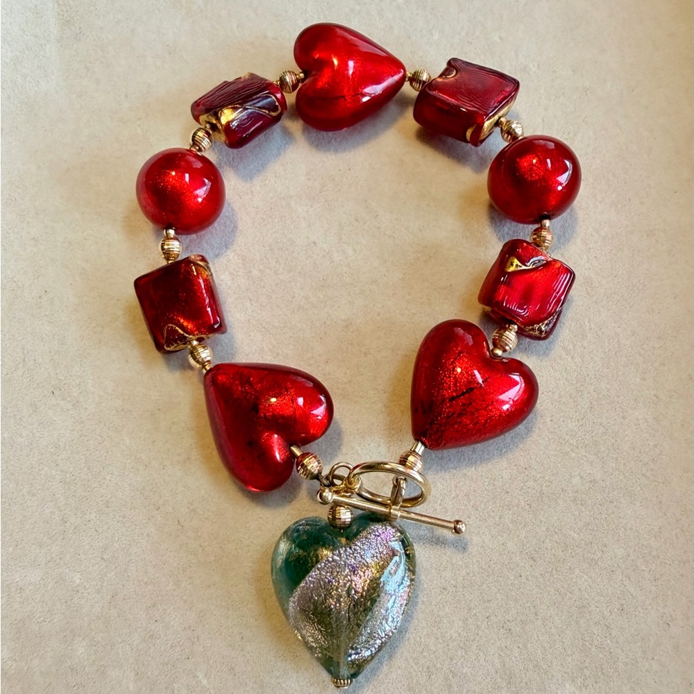 14K Gold Authentic Red Murano Heart Glass Bead Bracelet
